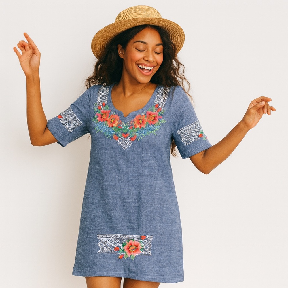 Vintage handmade embroidered short sleeve dress zip back. E5 - Picture 1 of 7